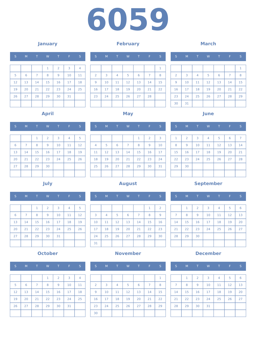 Printable 6059 Year Calendars glaucous
