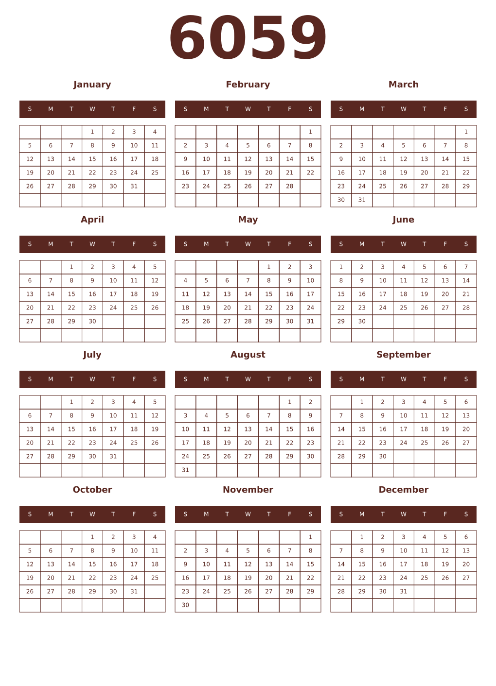 Printable 6059 Year Calendars mortuum