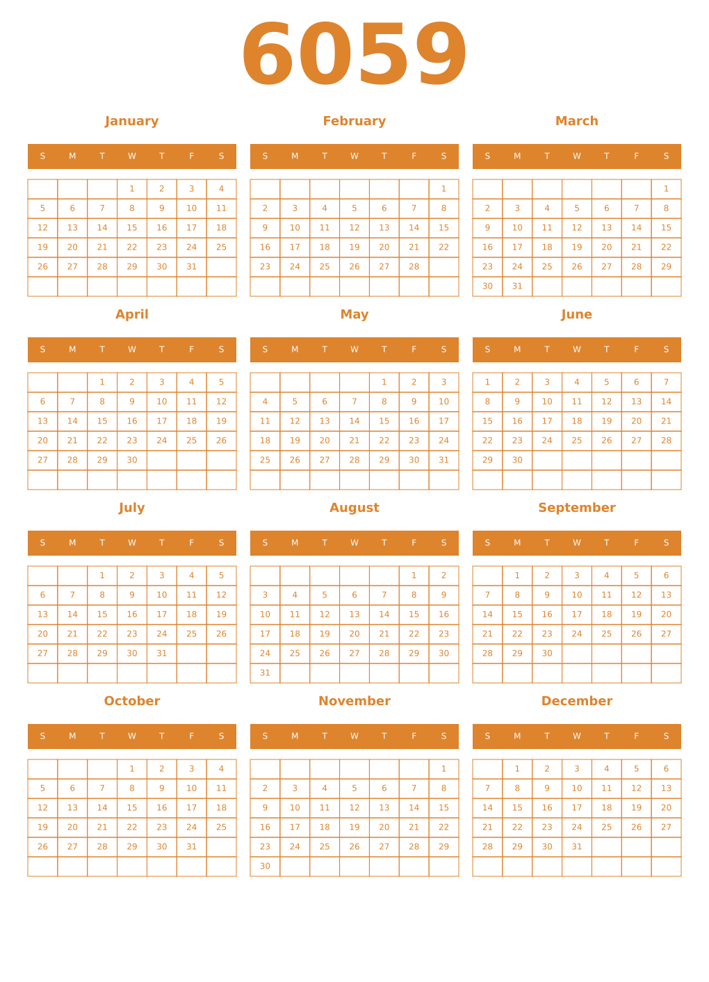 Printable 6059 Year Calendars orange