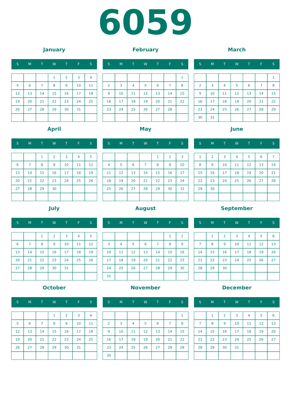 Printable 6059 Year Calendars pastel