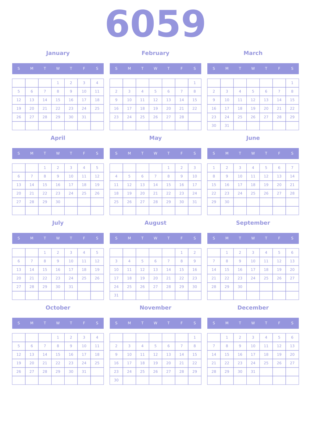 Printable 6059 Year Calendars periwinkle