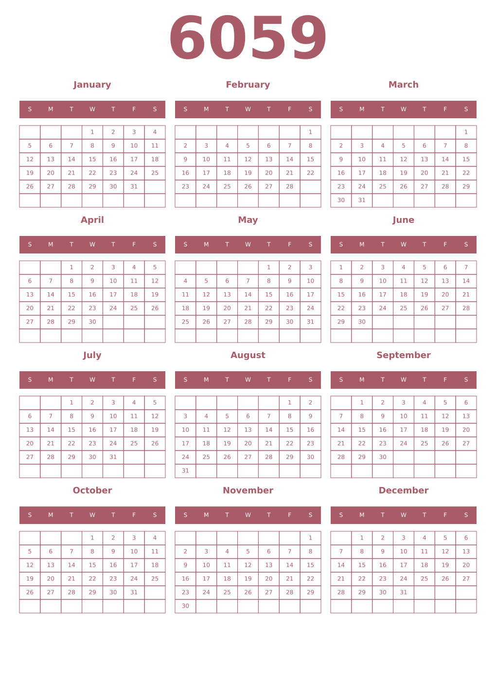 Printable 6059 Year Calendars puce