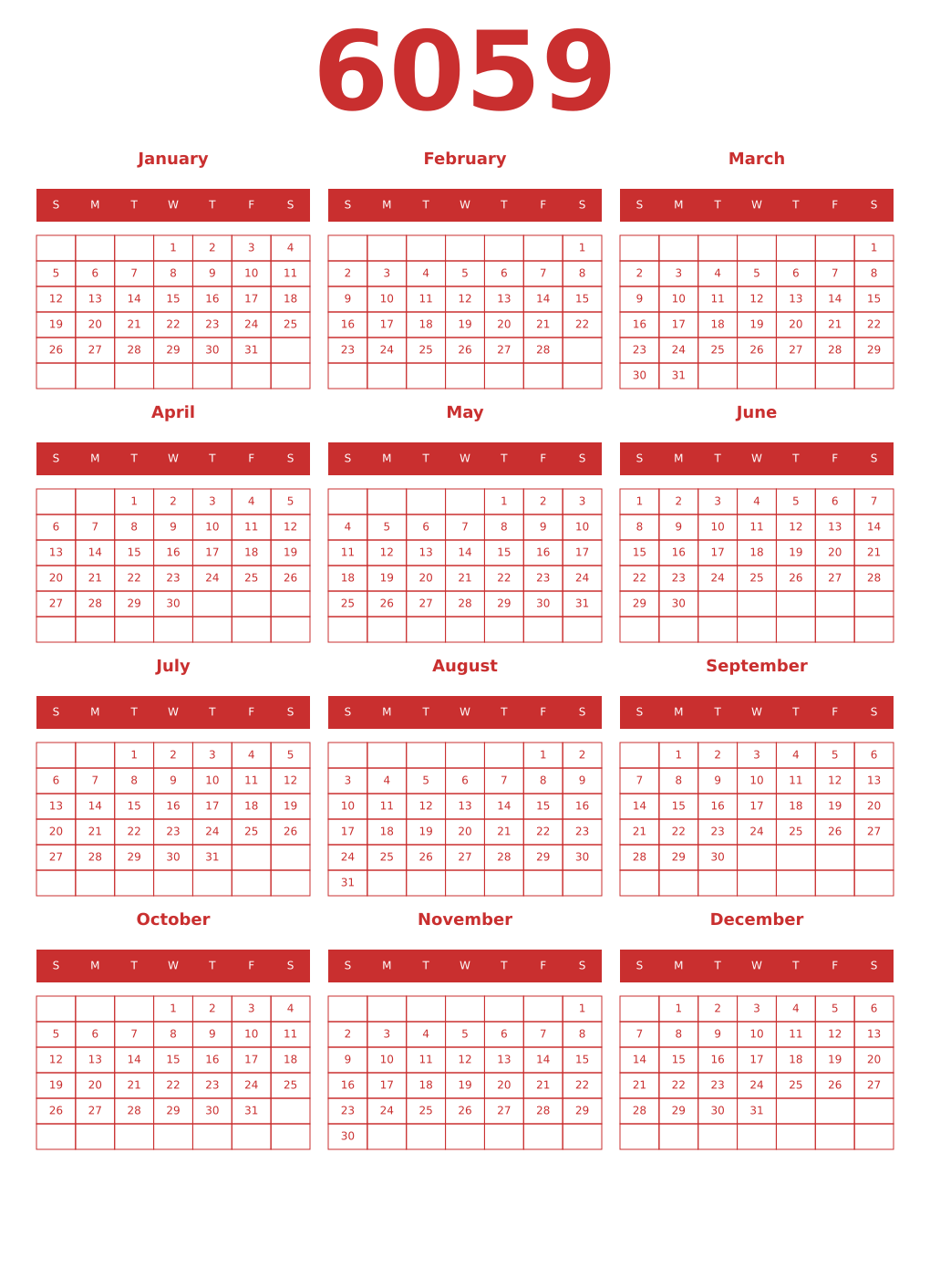 Printable 6059 Year Calendars red