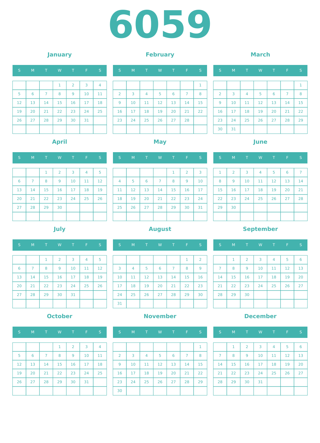 Printable 6059 Year Calendars verdigris