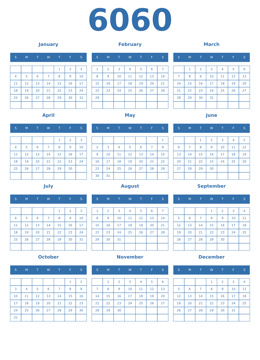 Printable 6060 Year Calendars blue