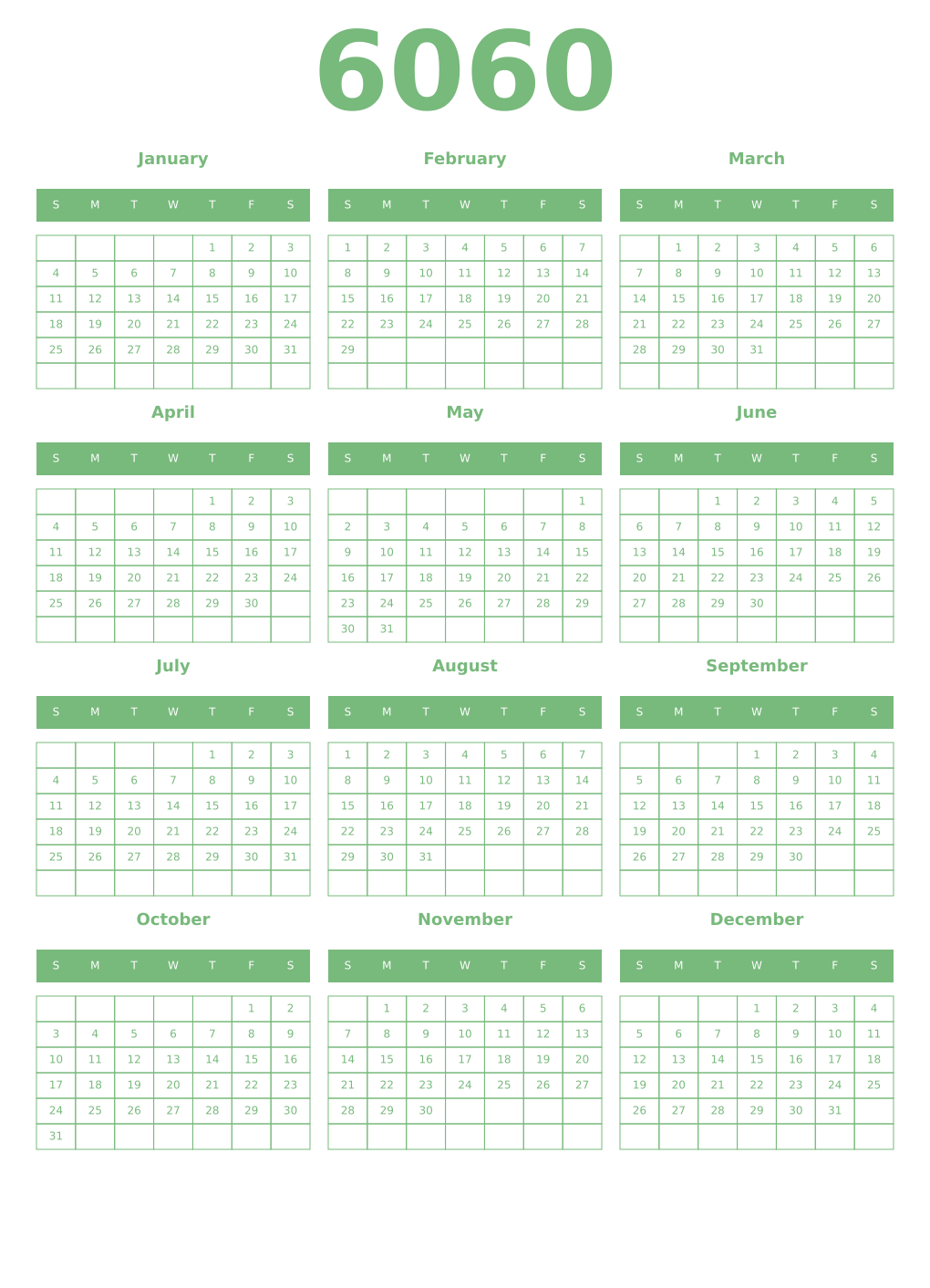 Printable 6060 Year Calendars celadon