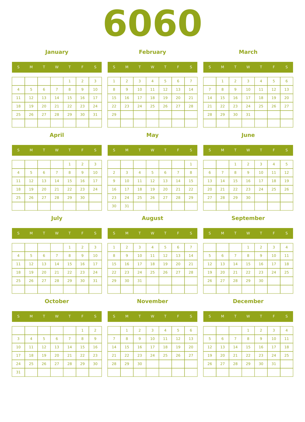 Printable 6060 Year Calendars chartreuse