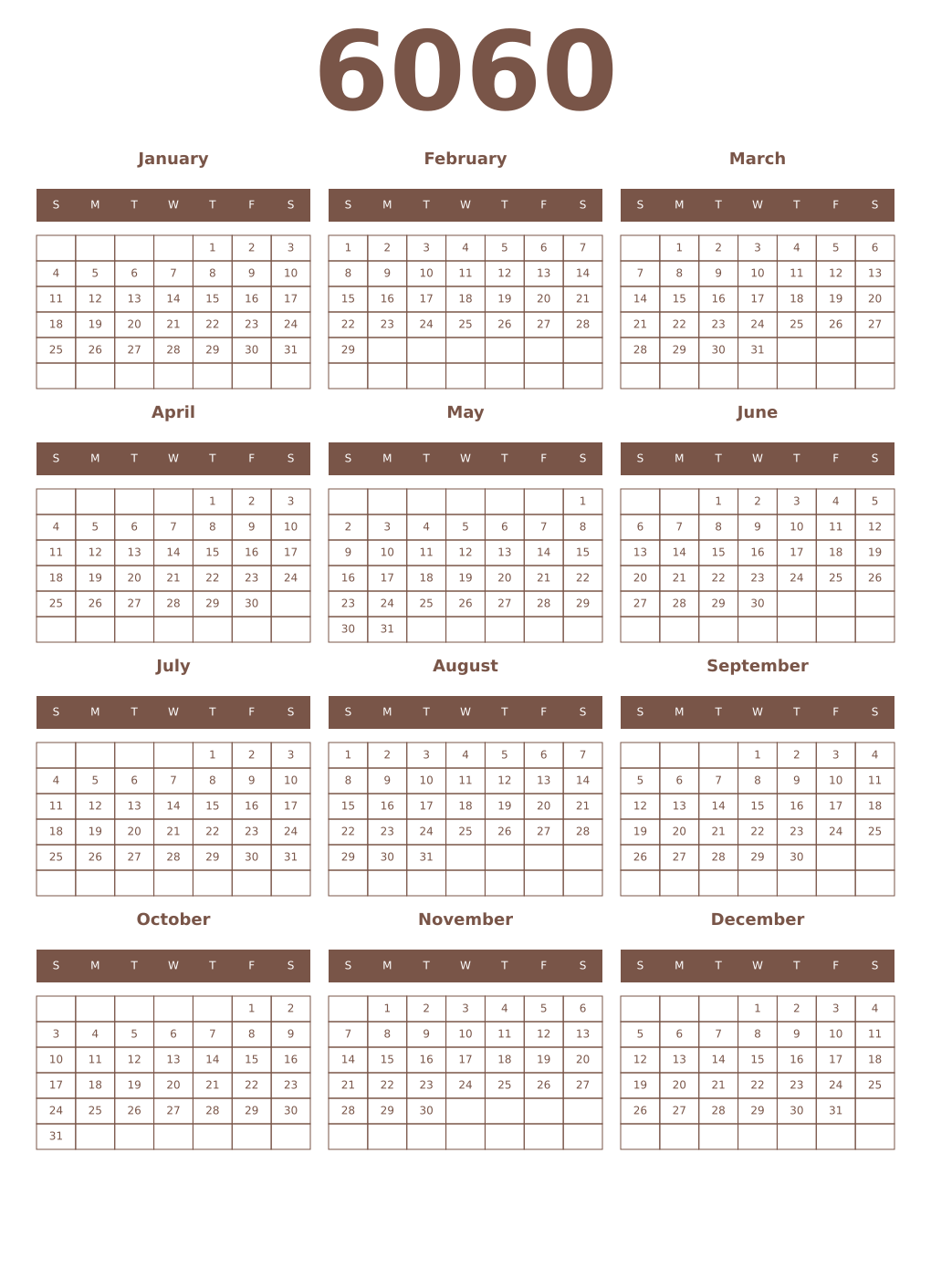 Printable 6060 Year Calendars coffe