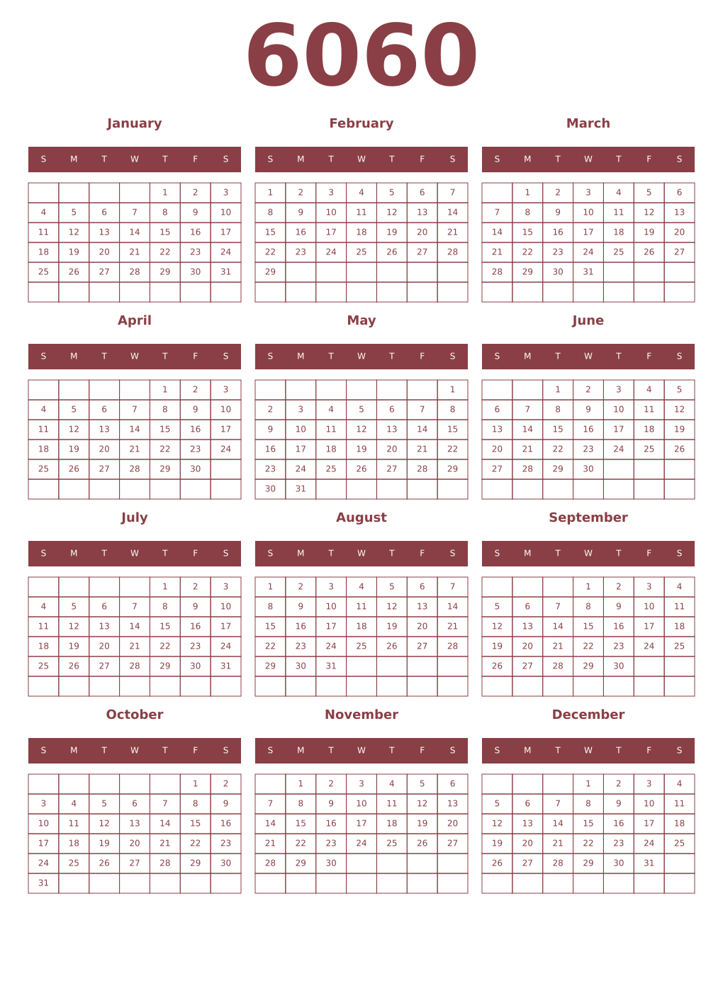 Printable 6060 Year Calendars cordovan