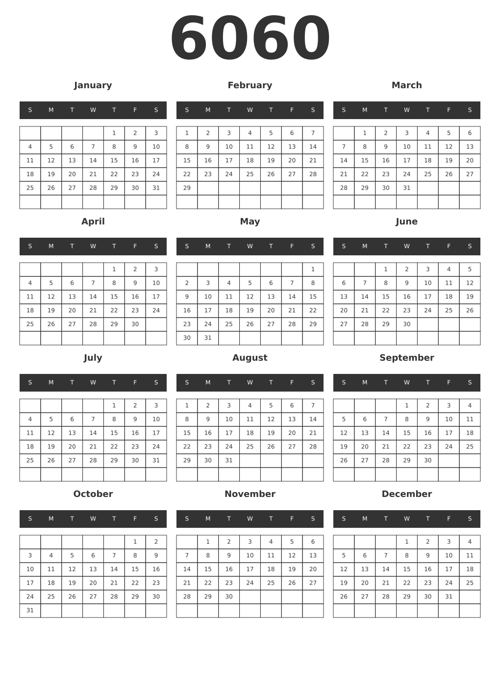 Printable 6060 Year Calendars dark