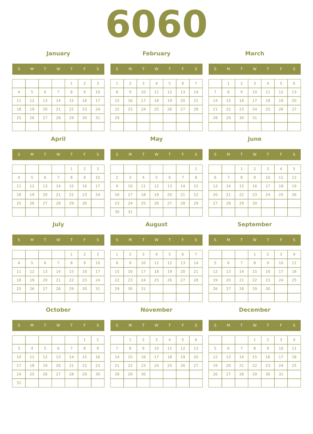 Printable 6060 Year Calendars eburnean