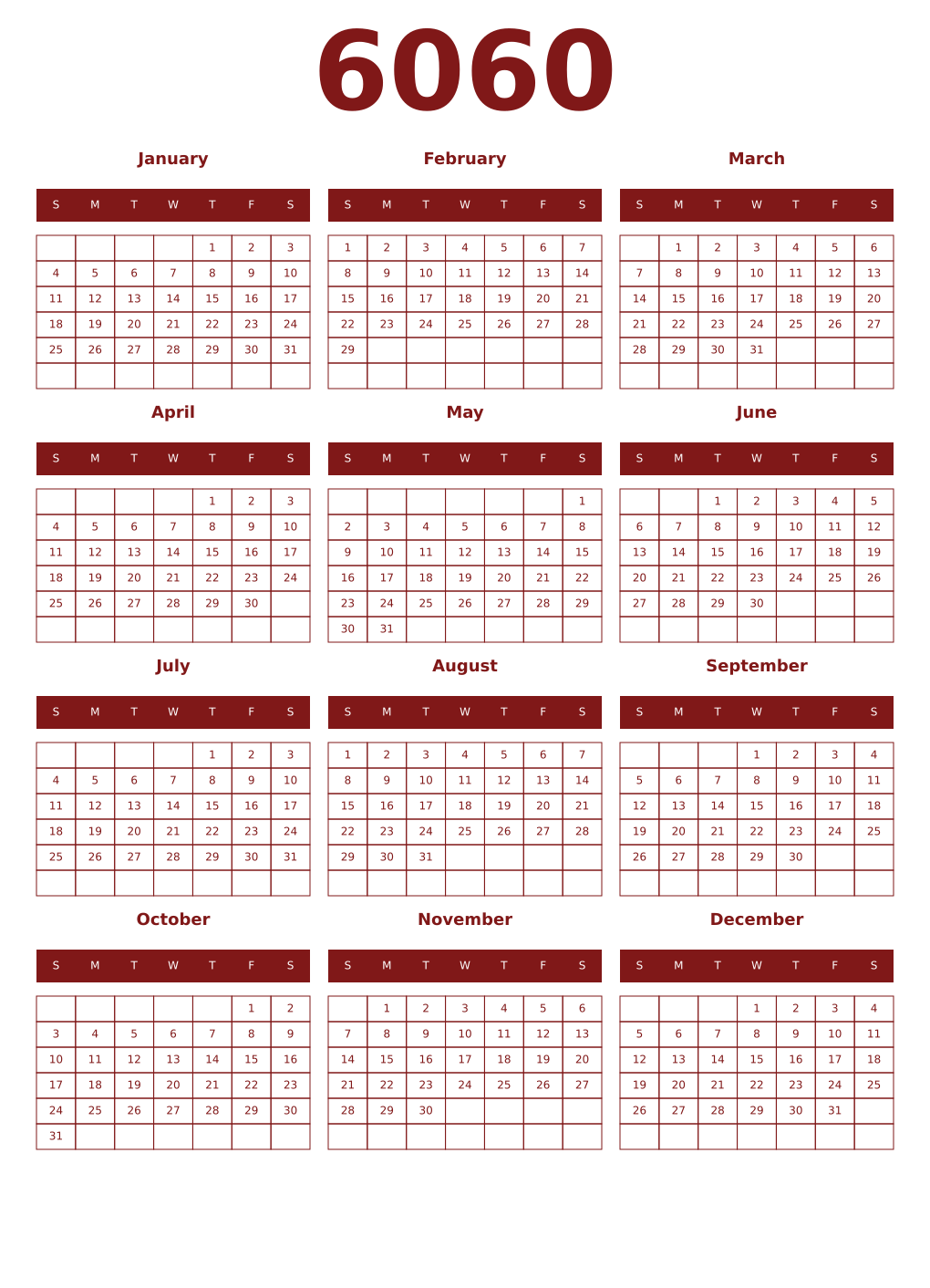 Printable 6060 Year Calendars falu