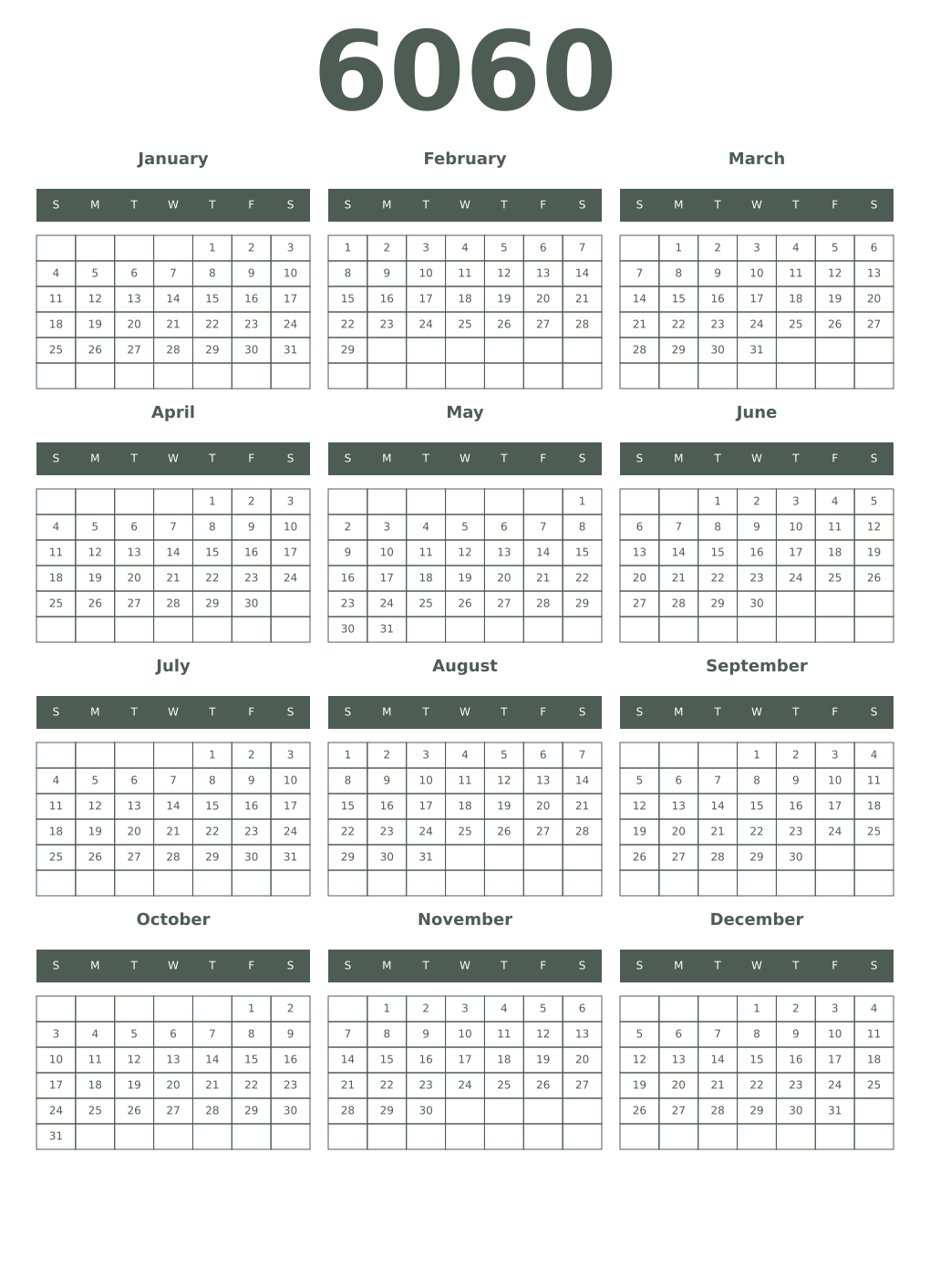 Printable 6060 Year Calendars feldgrau