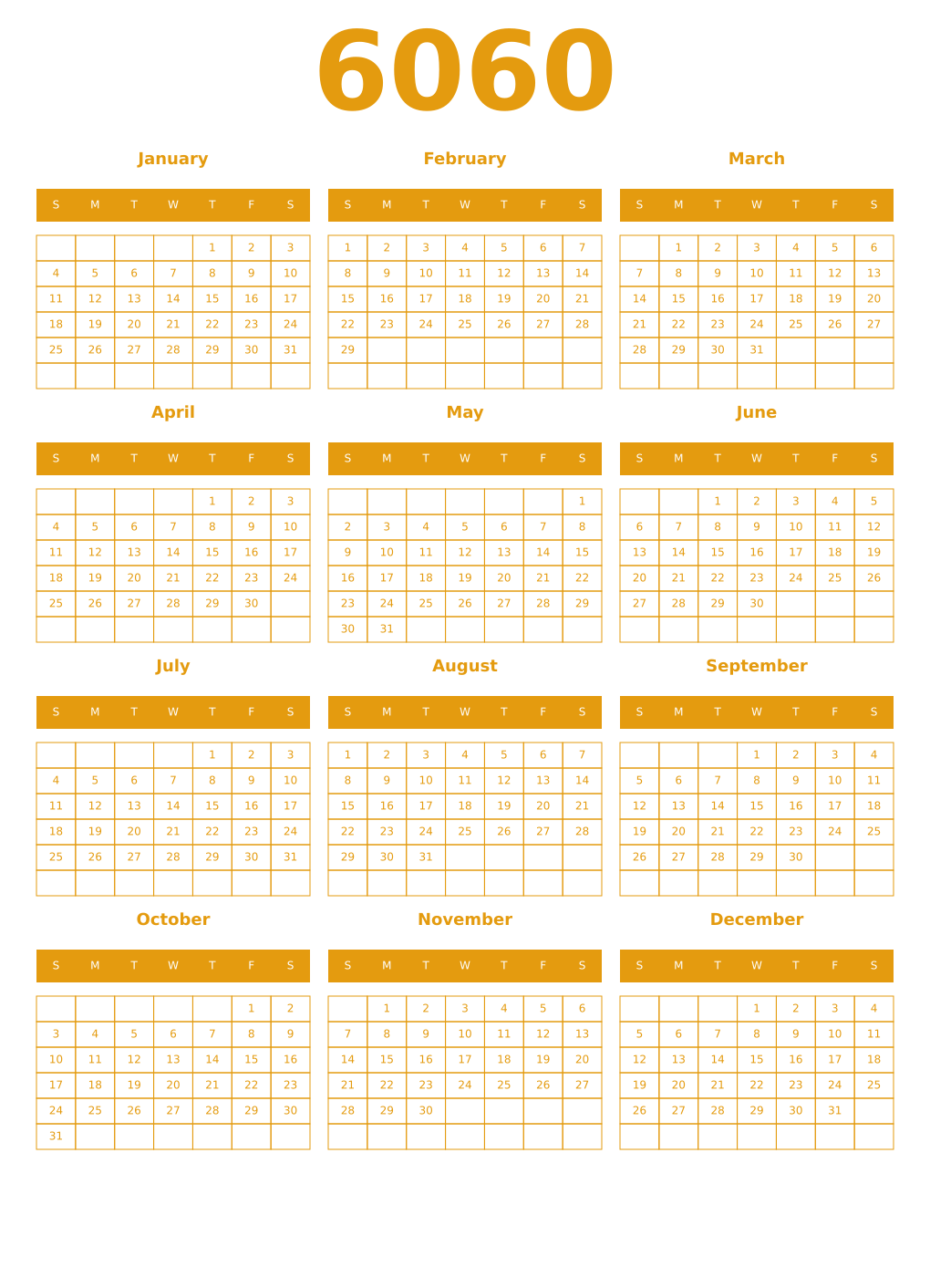 Printable 6060 Year Calendars gamboge