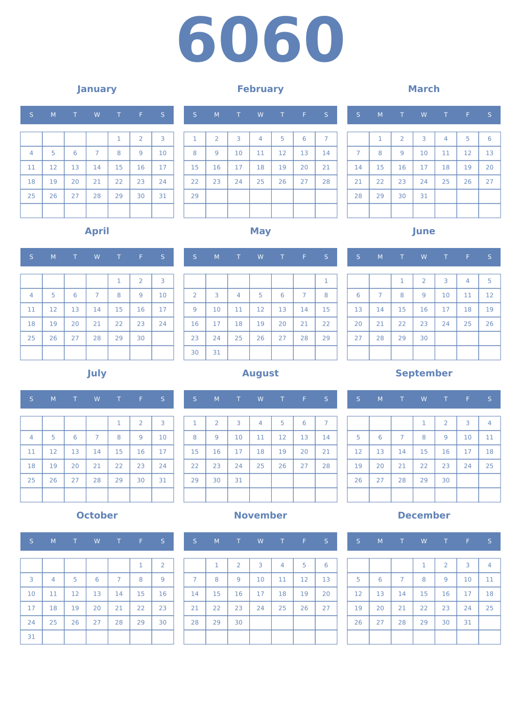 Printable 6060 Year Calendars glaucous