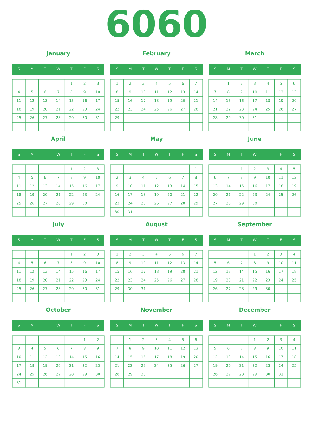 Printable 6060 Year Calendars green