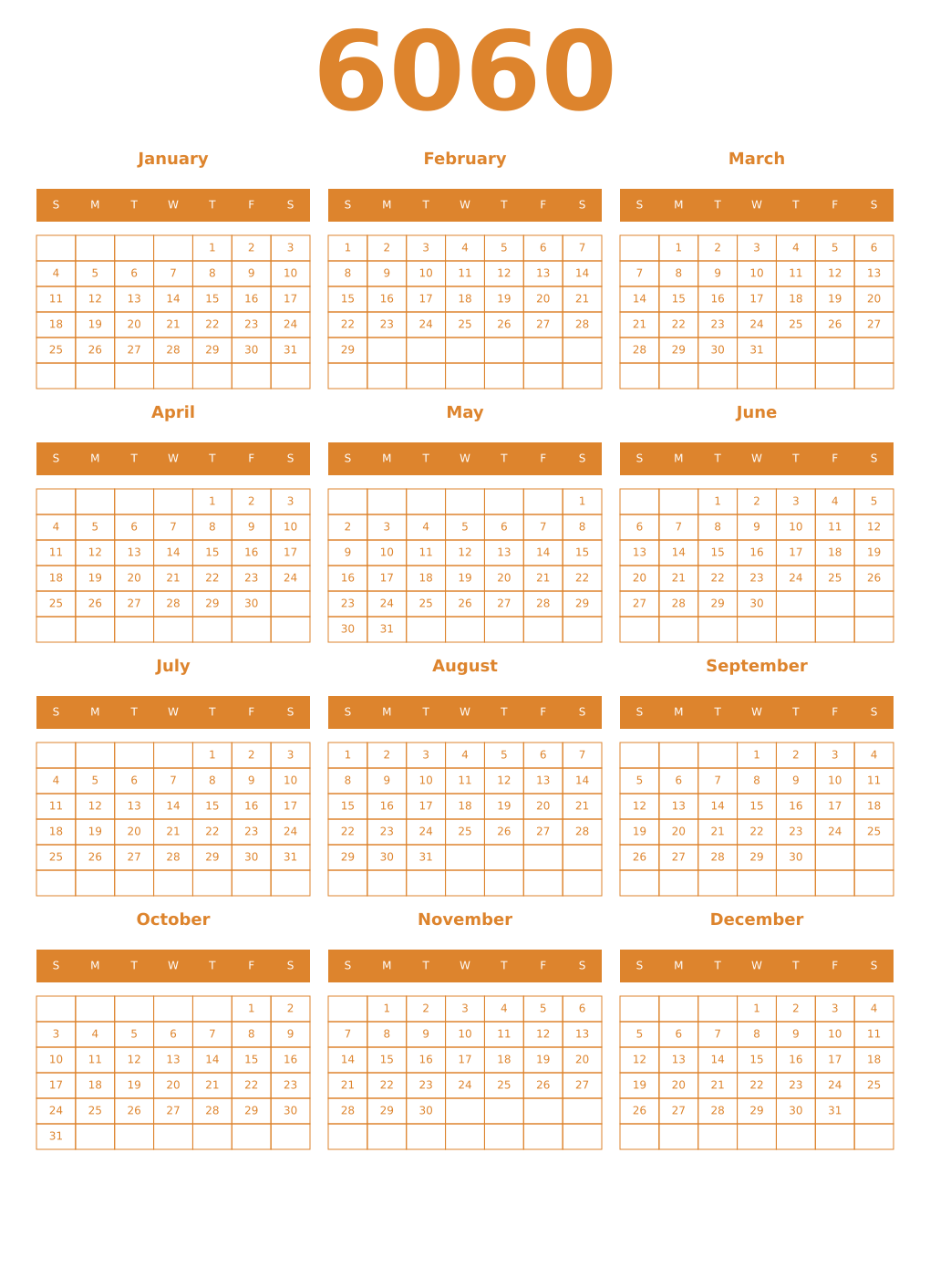 Printable 6060 Year Calendars orange