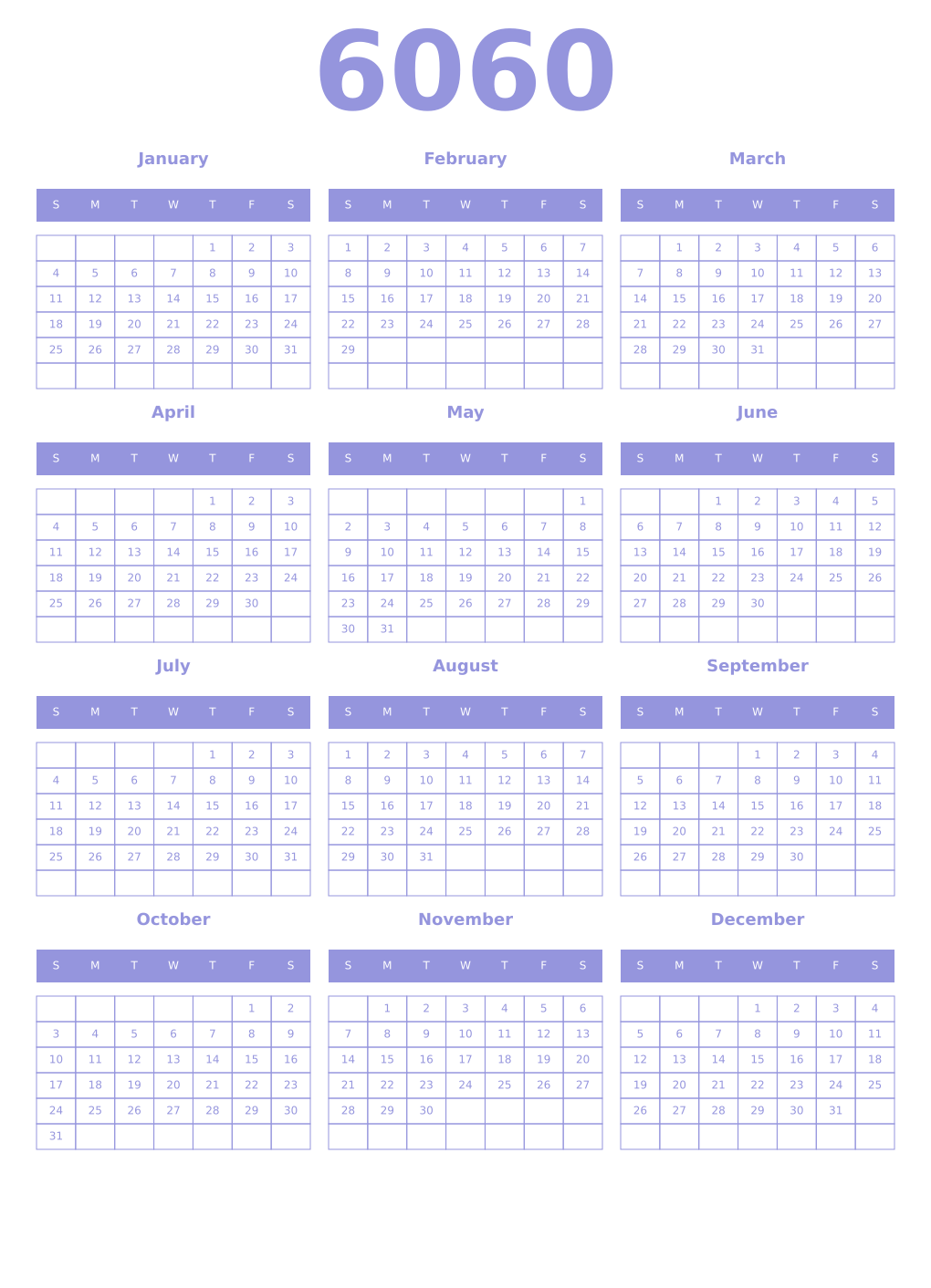 Printable 6060 Year Calendars periwinkle