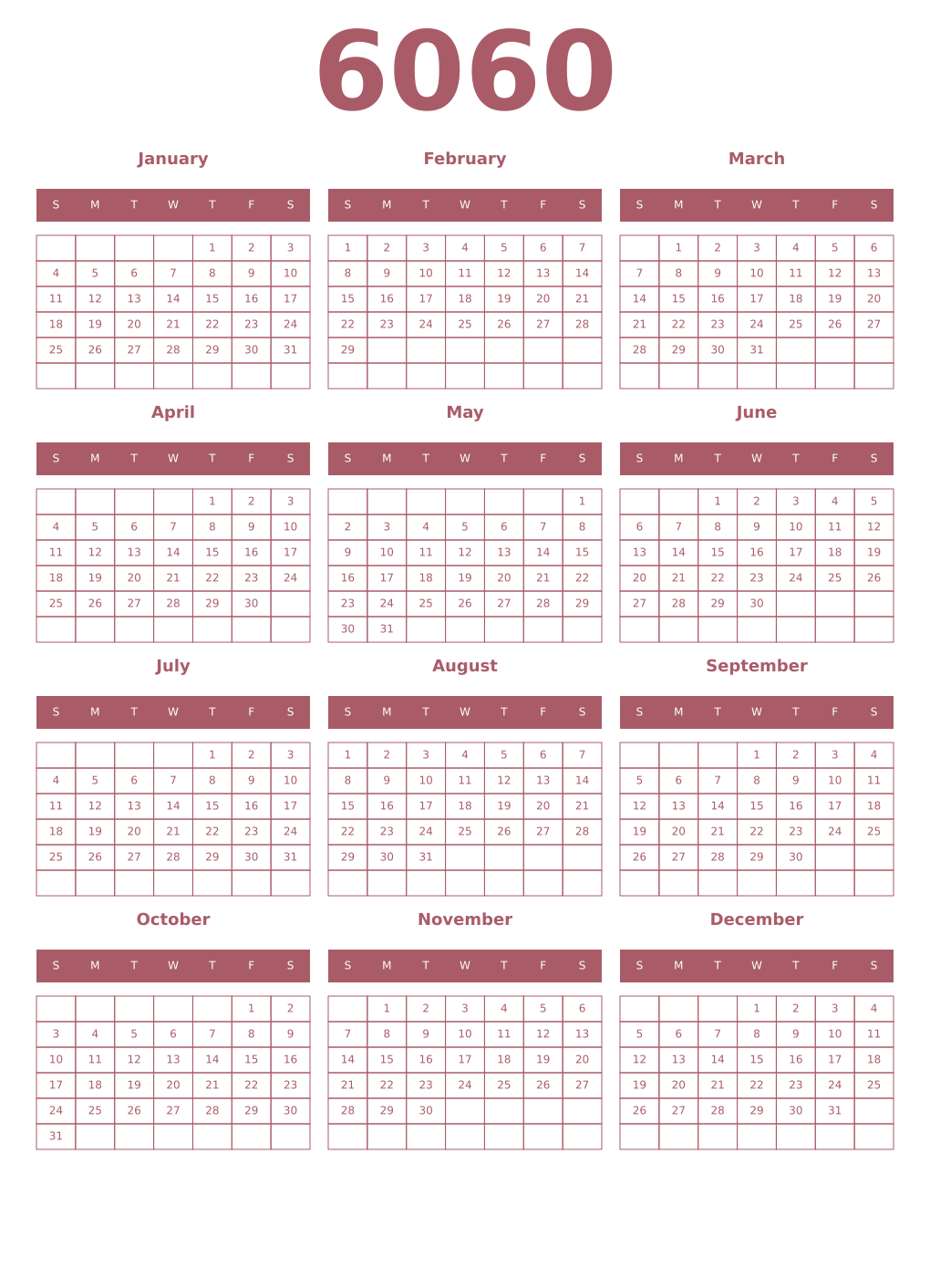 Printable 6060 Year Calendars puce