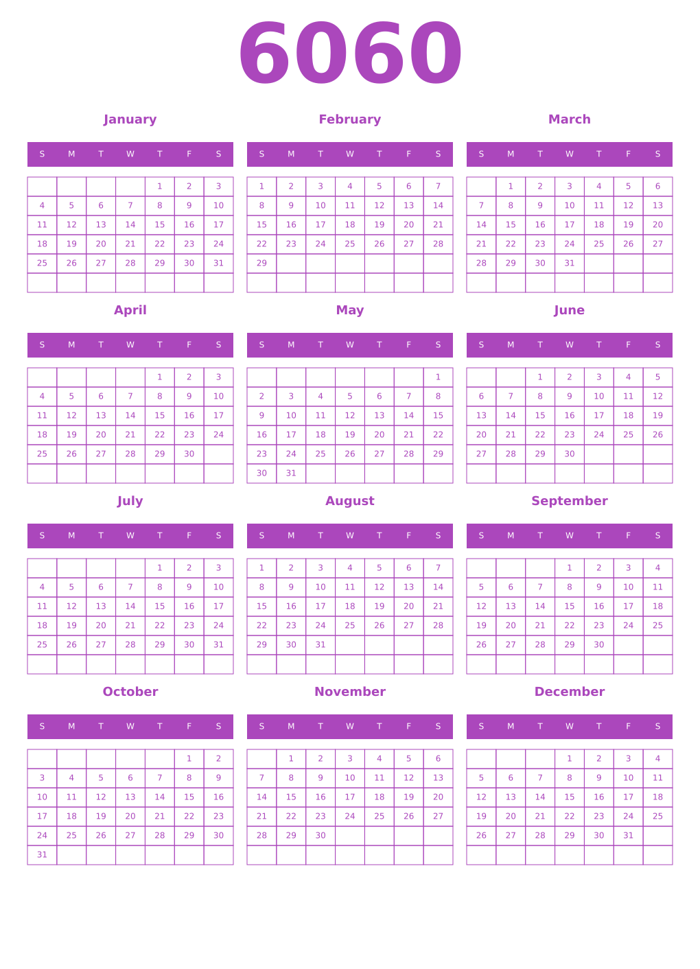 Printable 6060 Year Calendars purple