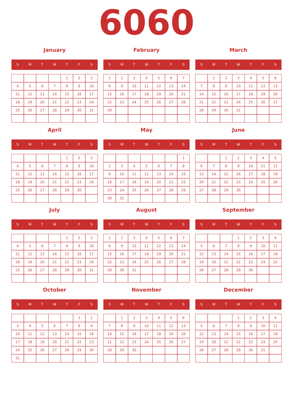Printable 6060 Year Calendars red