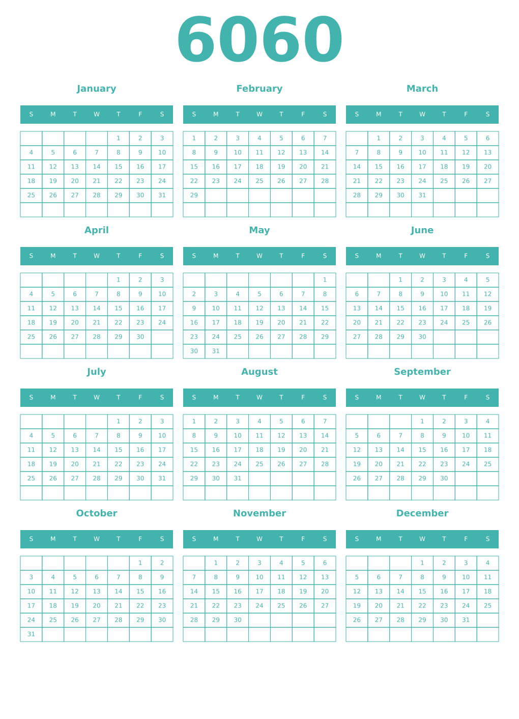Printable 6060 Year Calendars verdigris