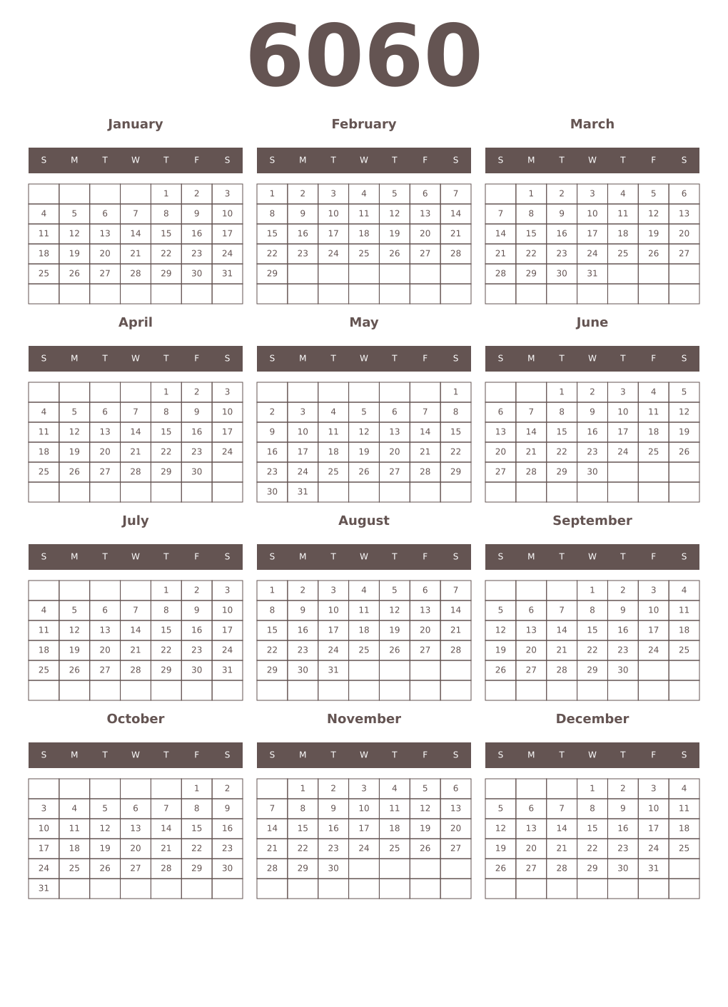 Printable 6060 Year Calendars wenge
