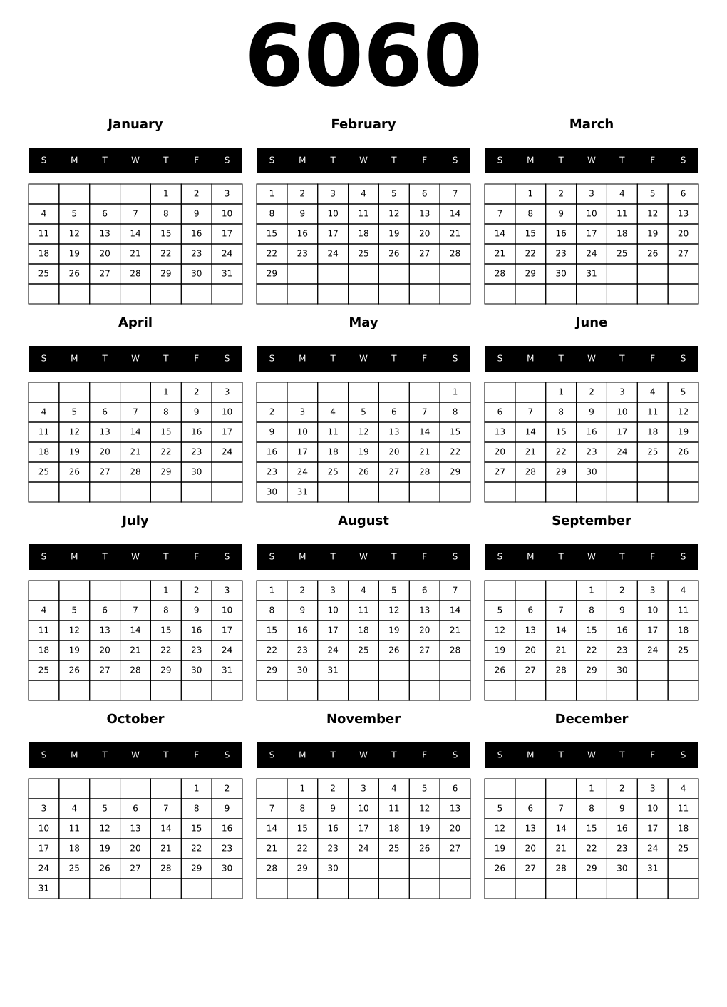 Printable 6060 Calendars