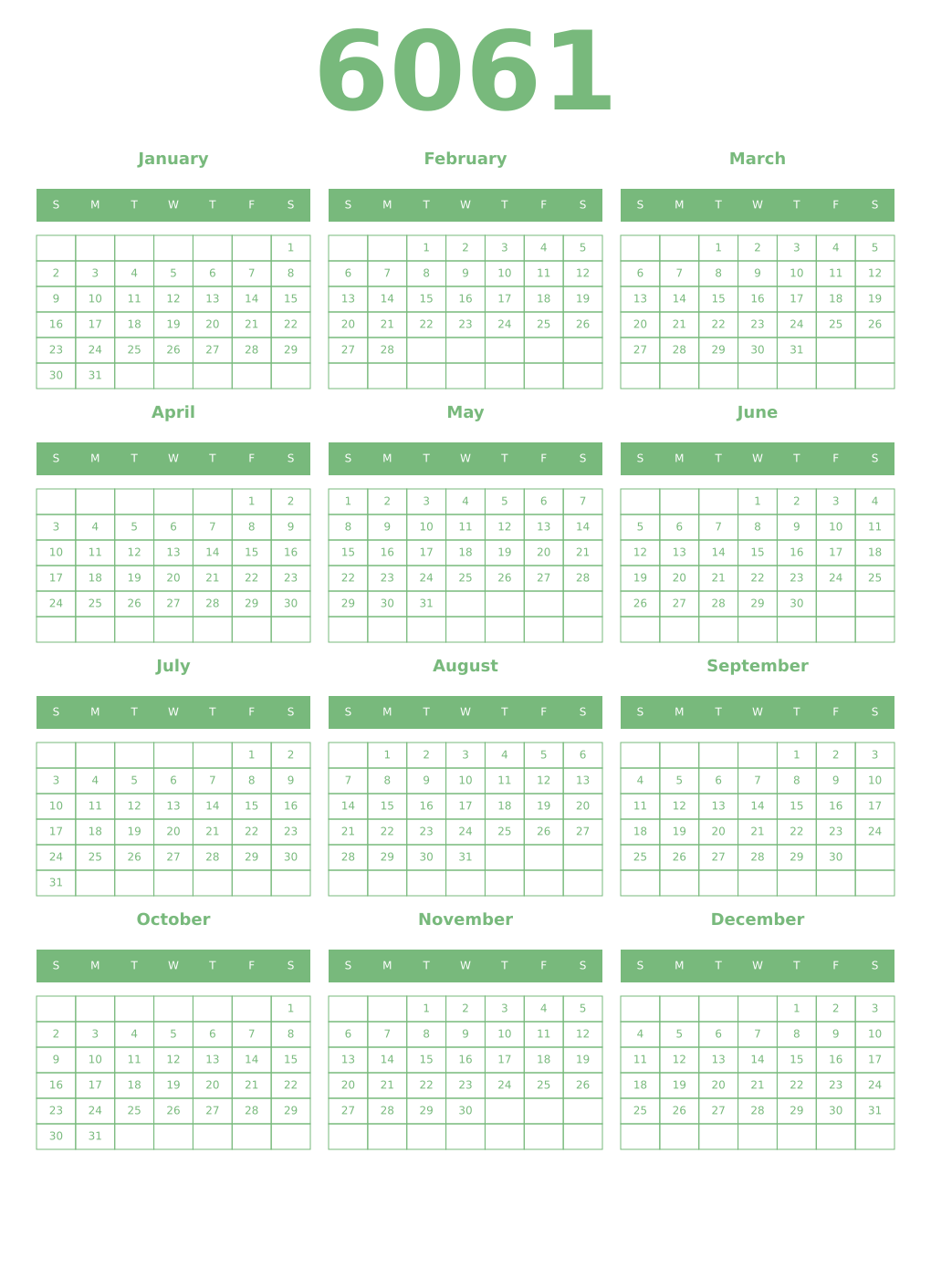 Printable 6061 Year Calendars celadon