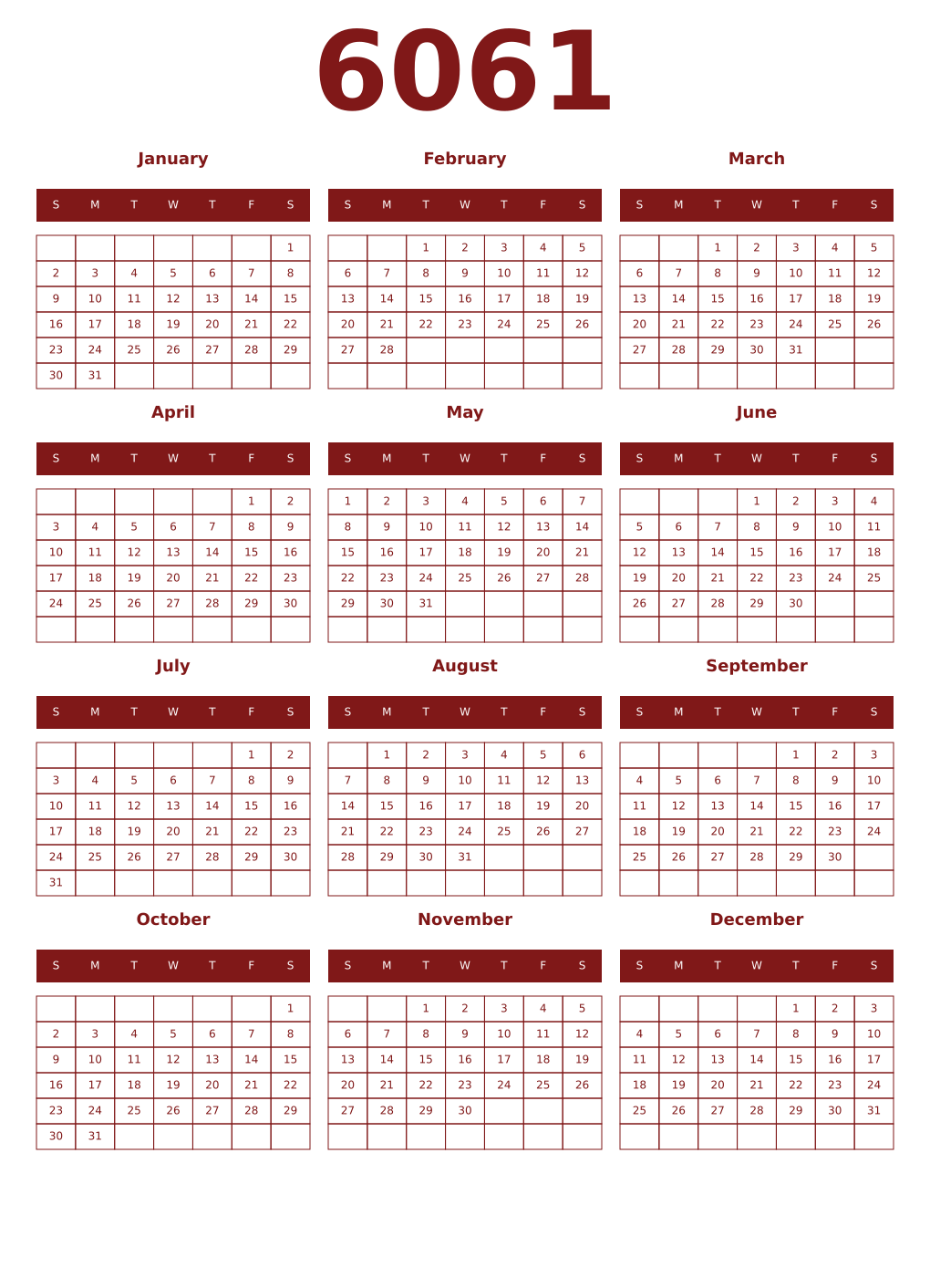 Printable 6061 Year Calendars falu