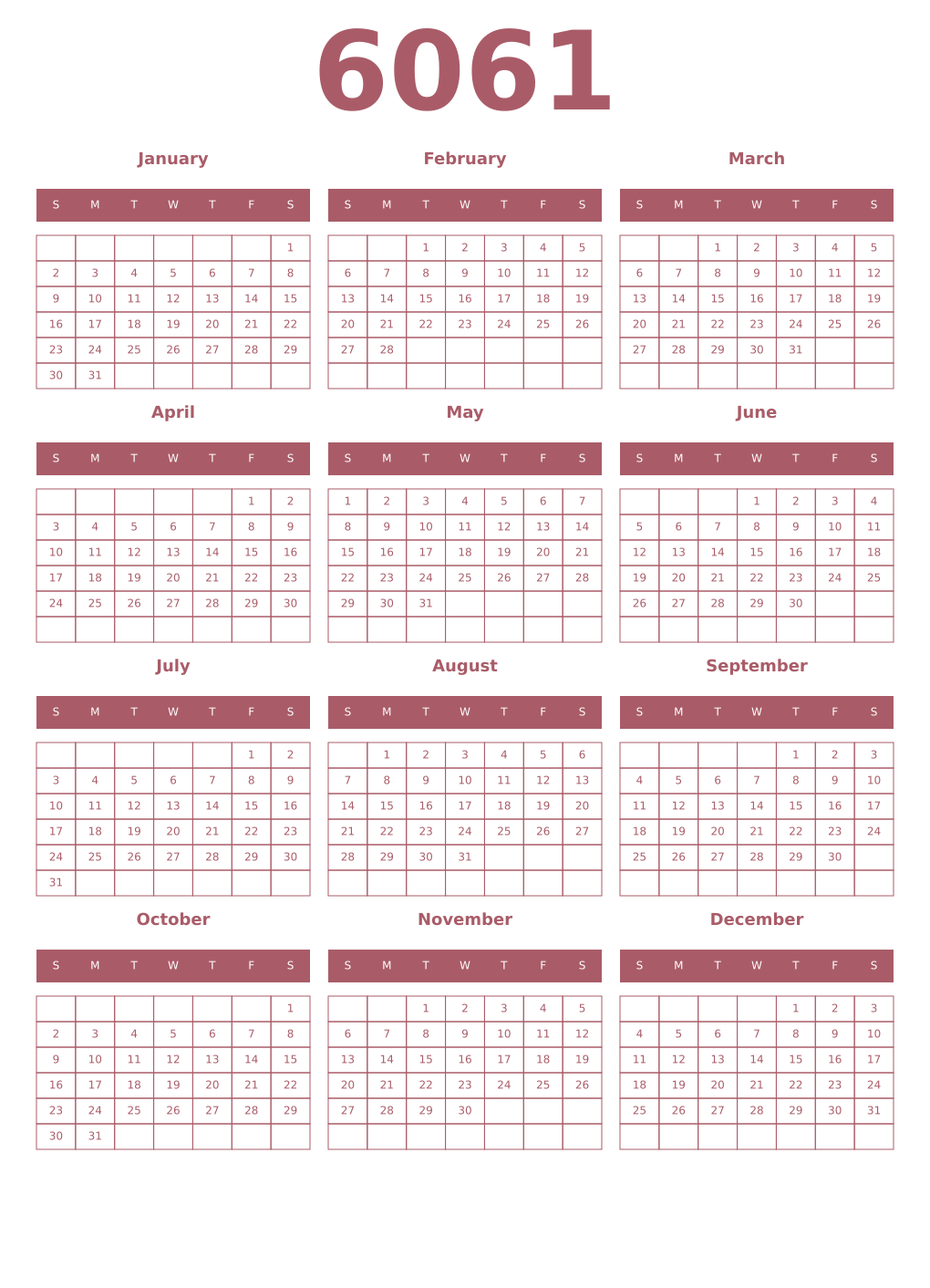 Printable 6061 Year Calendars puce