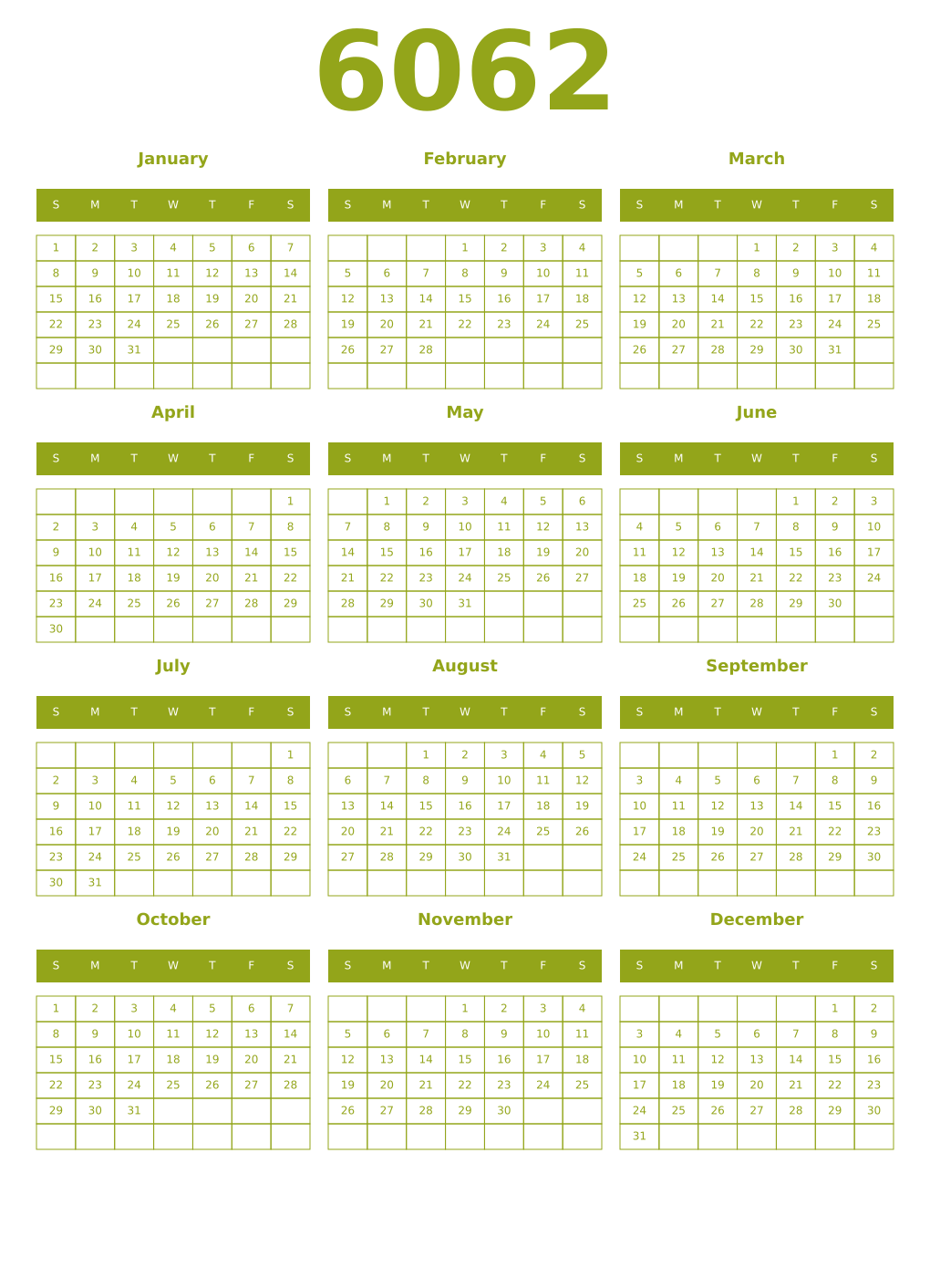 Printable 6062 Year Calendars chartreuse