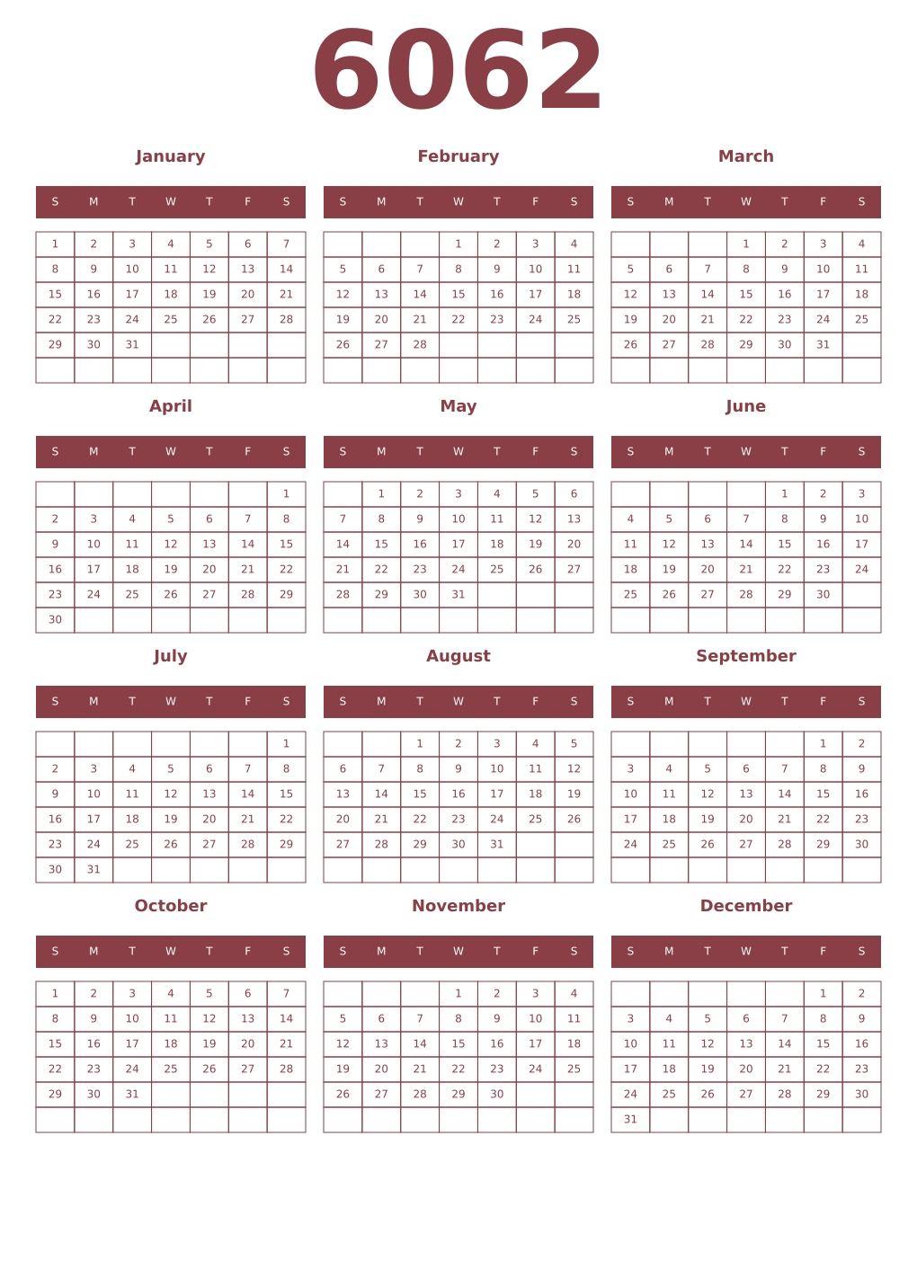 Printable 6062 Year Calendars cordovan