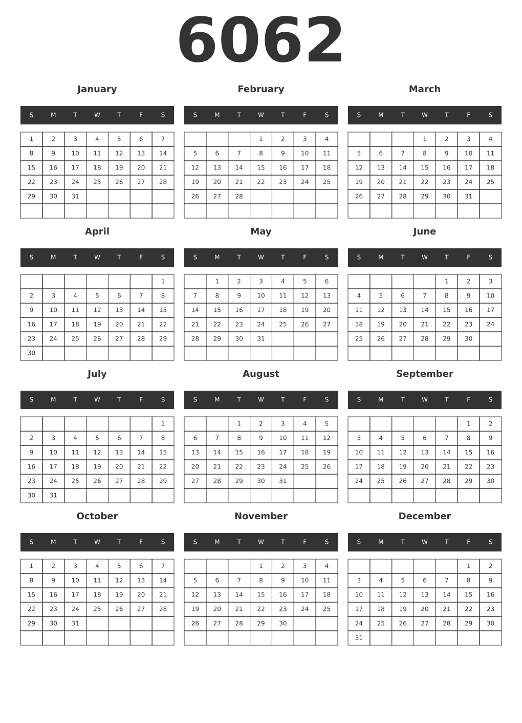 Printable 6062 Year Calendars dark