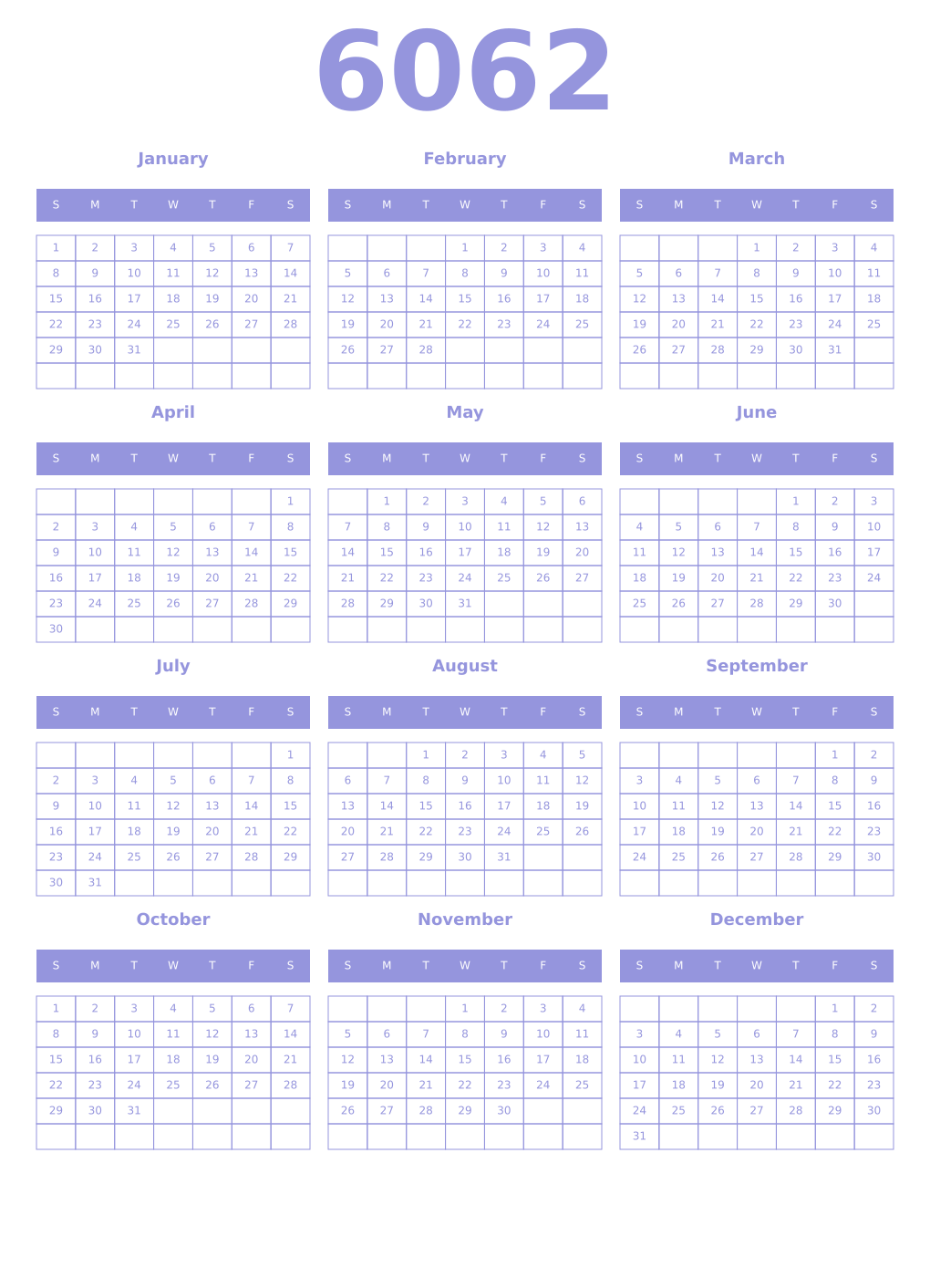 Printable 6062 Year Calendars periwinkle