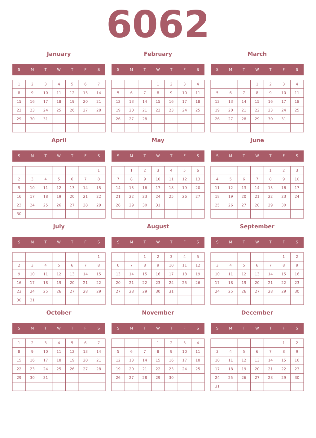 Printable 6062 Year Calendars puce