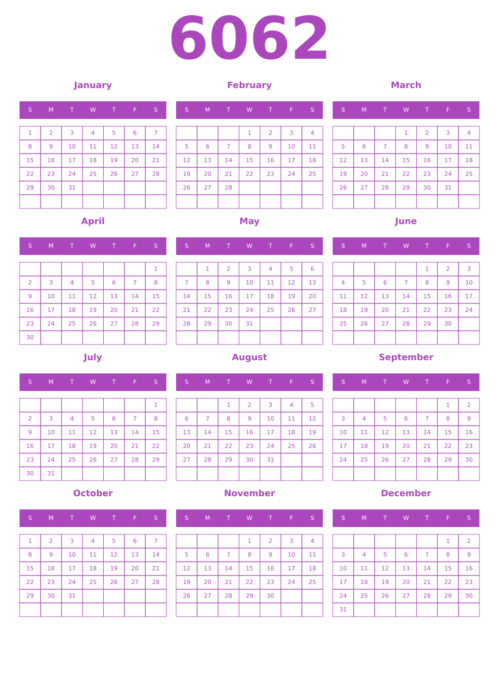Printable 6062 Year Calendars purple