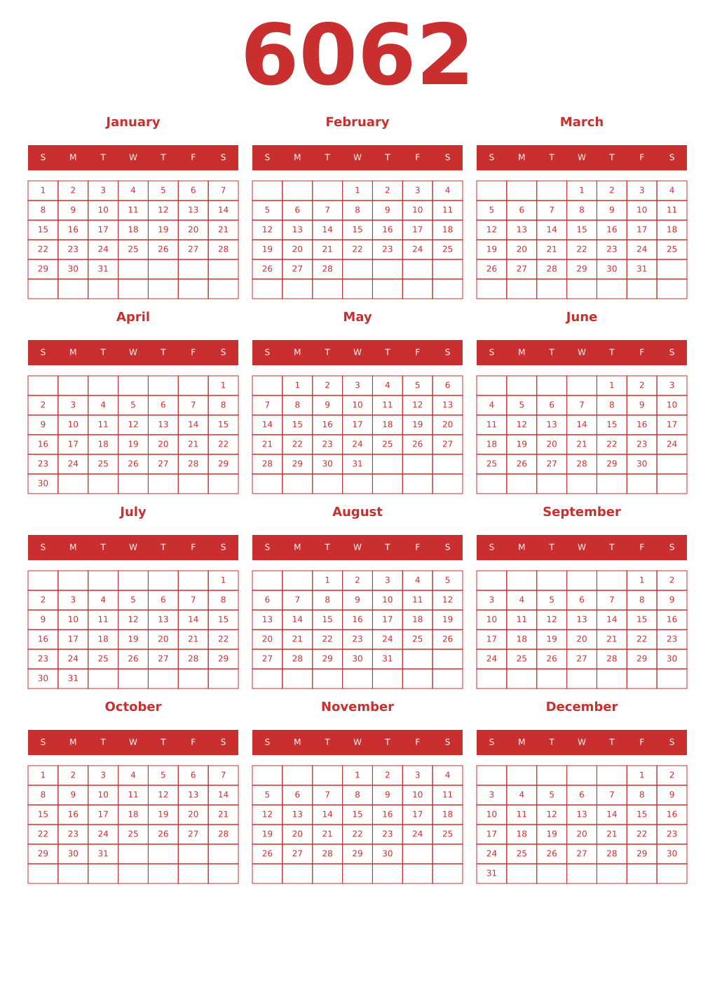 Printable 6062 Year Calendars red