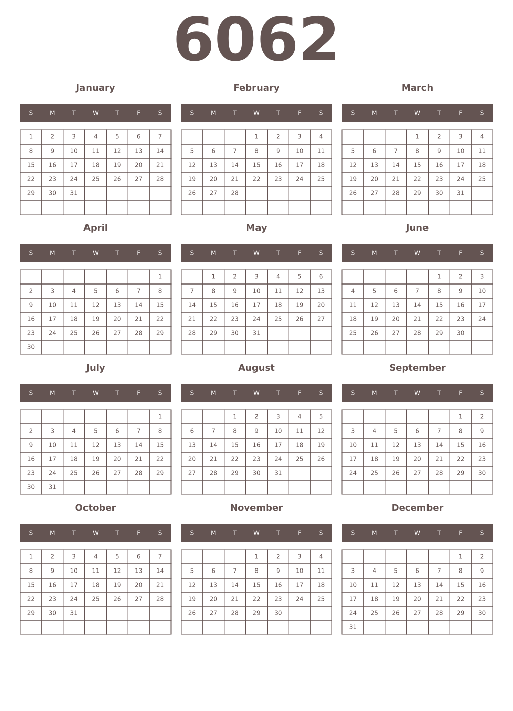 Printable 6062 Year Calendars wenge