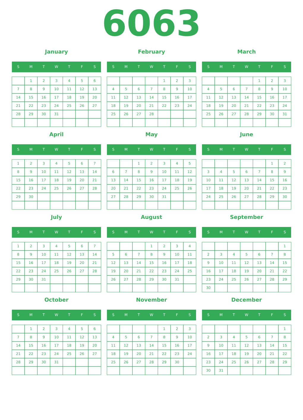 Printable 6063 Year Calendars green