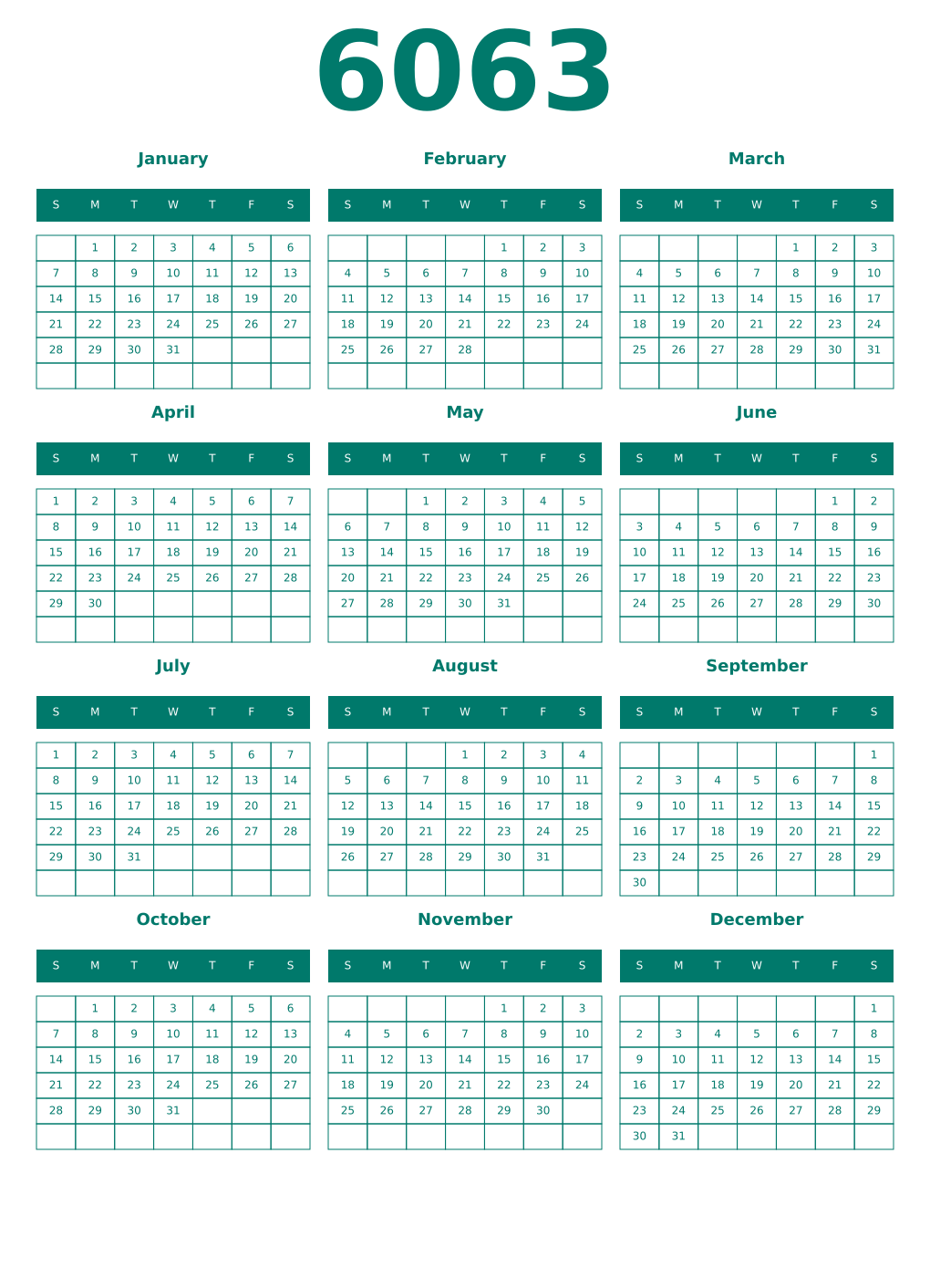 Printable 6063 Year Calendars pastel