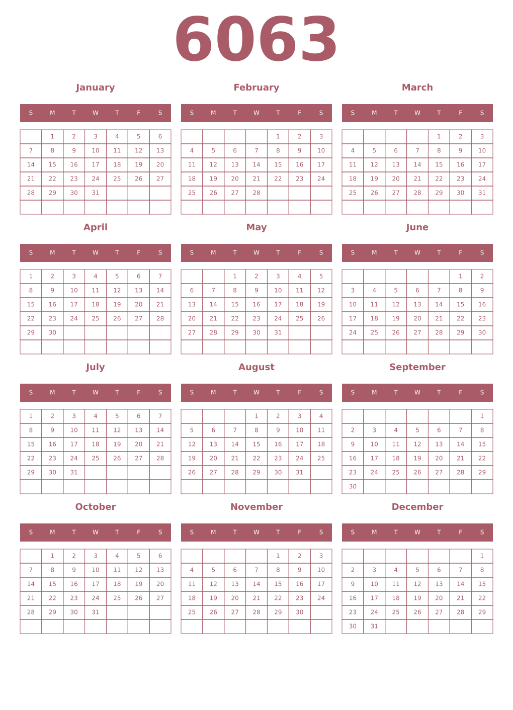 Printable 6063 Year Calendars puce