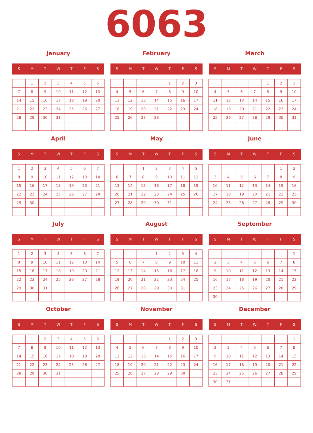 Printable 6063 Year Calendars red