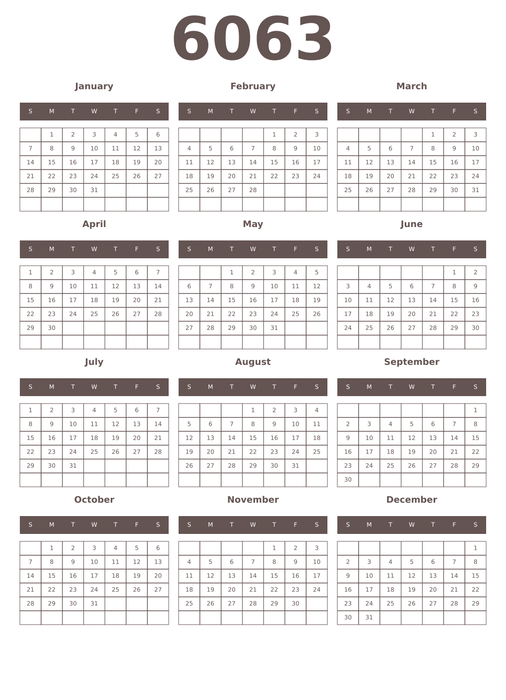 Printable 6063 Year Calendars wenge