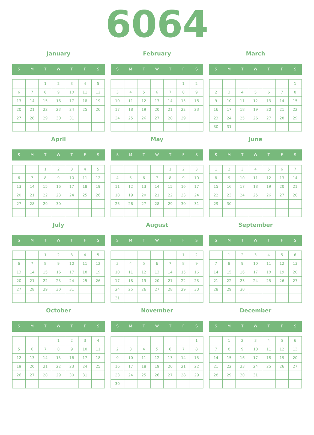 Printable 6064 Year Calendars celadon