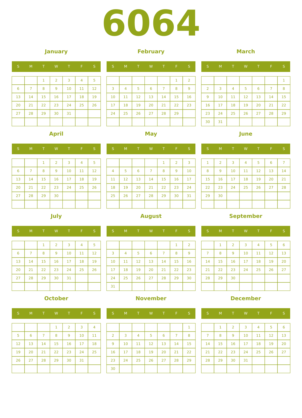 Printable 6064 Year Calendars chartreuse