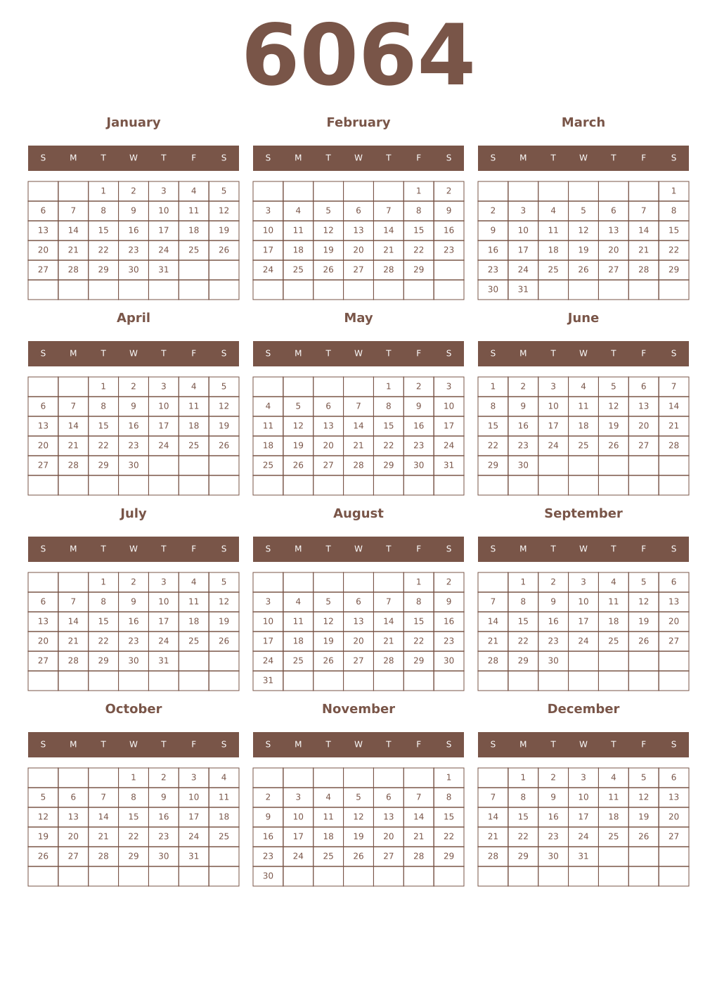 Printable 6064 Year Calendars coffe