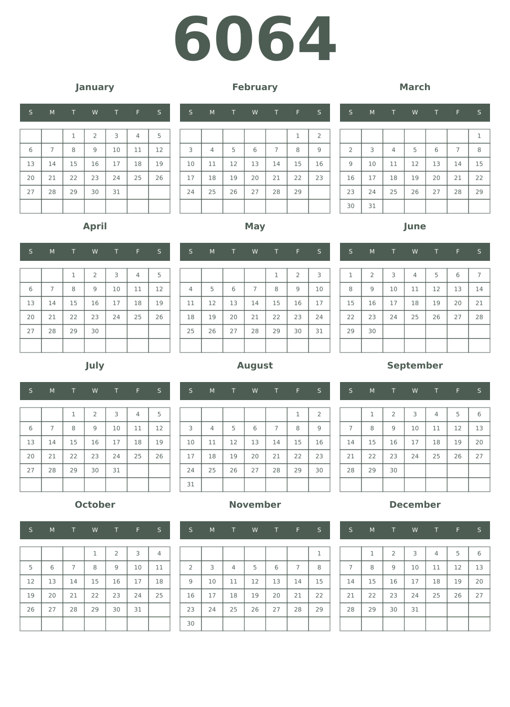 Printable 6064 Year Calendars feldgrau