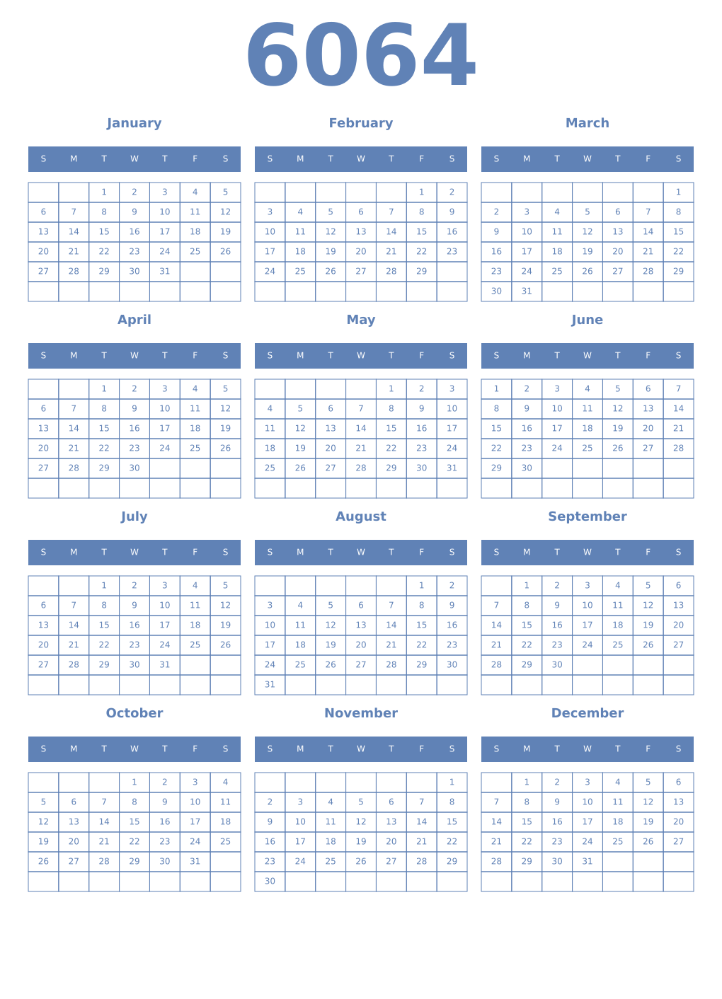 Printable 6064 Year Calendars glaucous