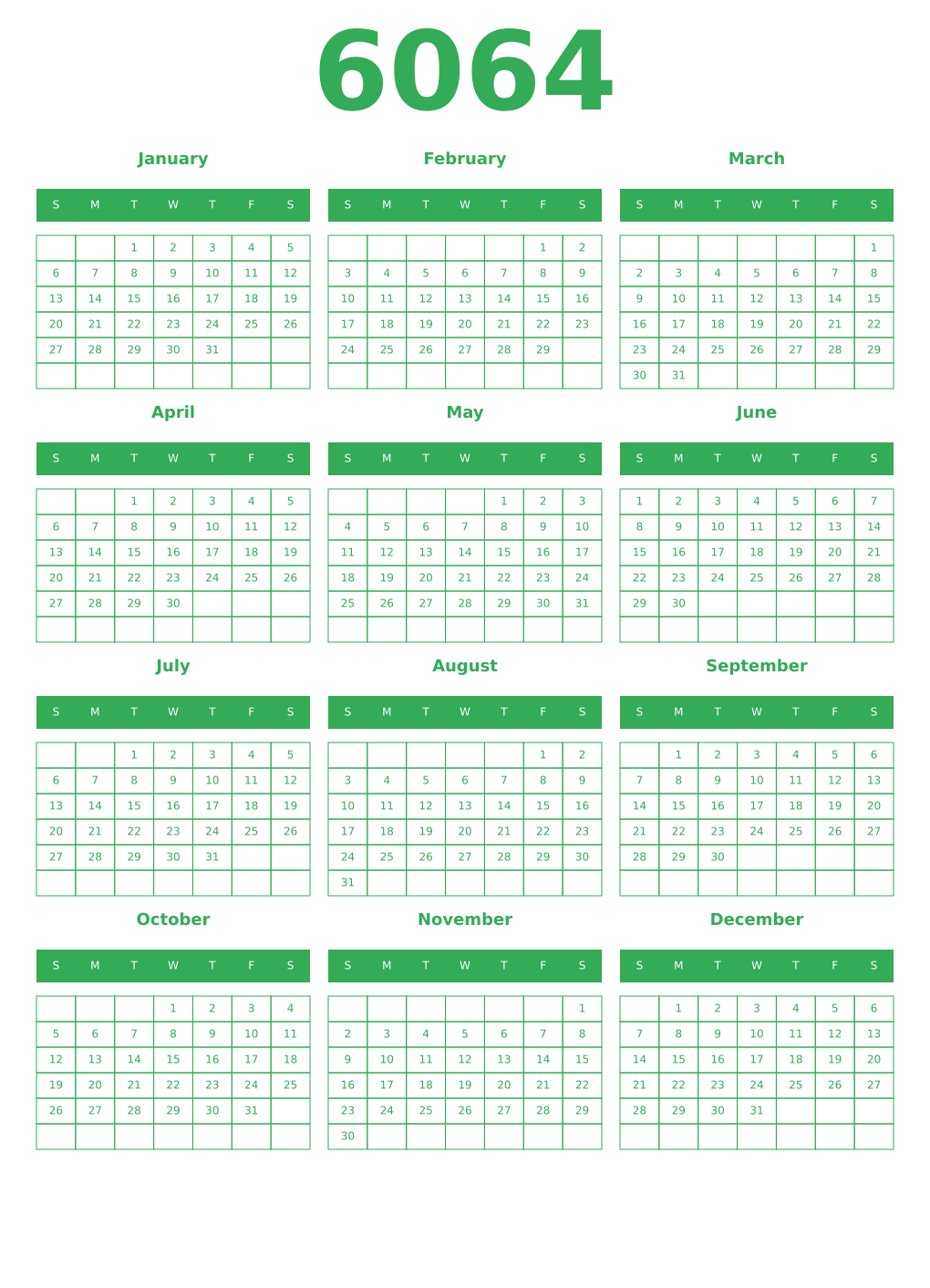 Printable 6064 Year Calendars green